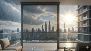 heavy duty outdoor zip blinds installed on a high rise condo balcony in kuala lumpur to block monsoon rain and sun 2