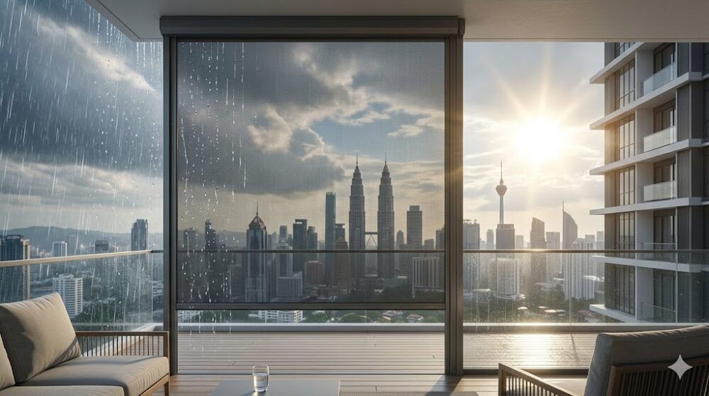 heavy duty outdoor zip blinds installed on a high rise condo balcony in kuala lumpur to block monsoon rain and sun 2