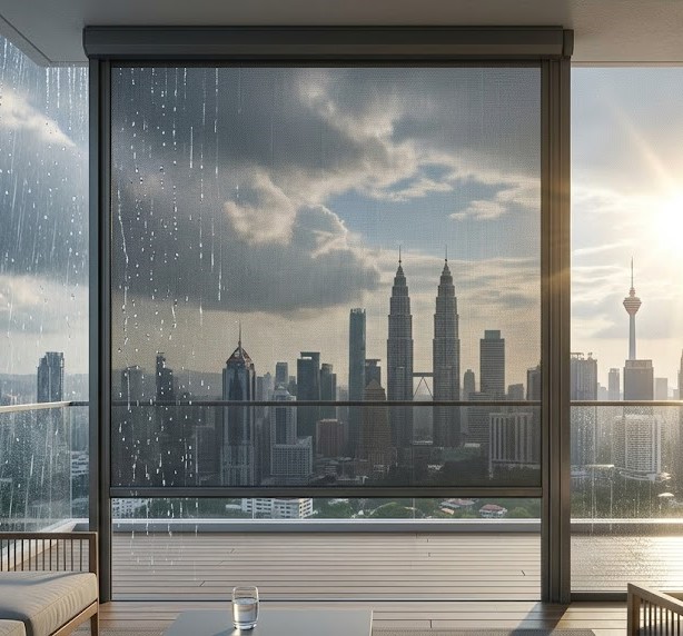 Heavy-duty outdoor zip blinds installed on a high-rise condo balcony in Kuala Lumpur to block monsoon rain and sun.