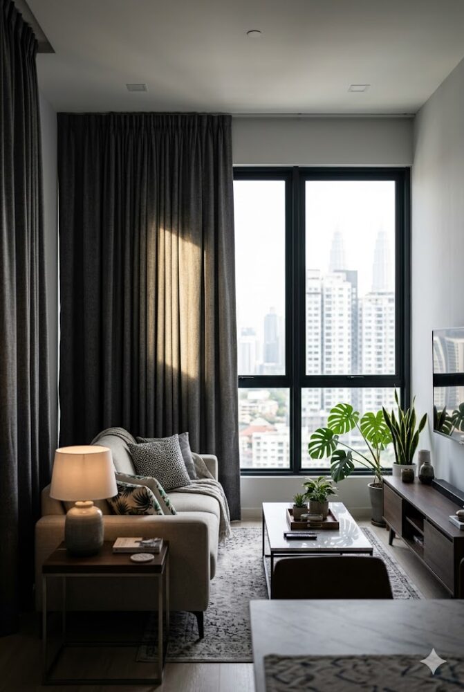 High-quality thermal blackout curtains blocking harsh afternoon tropical sunlight in a modern Klang Valley condo living room