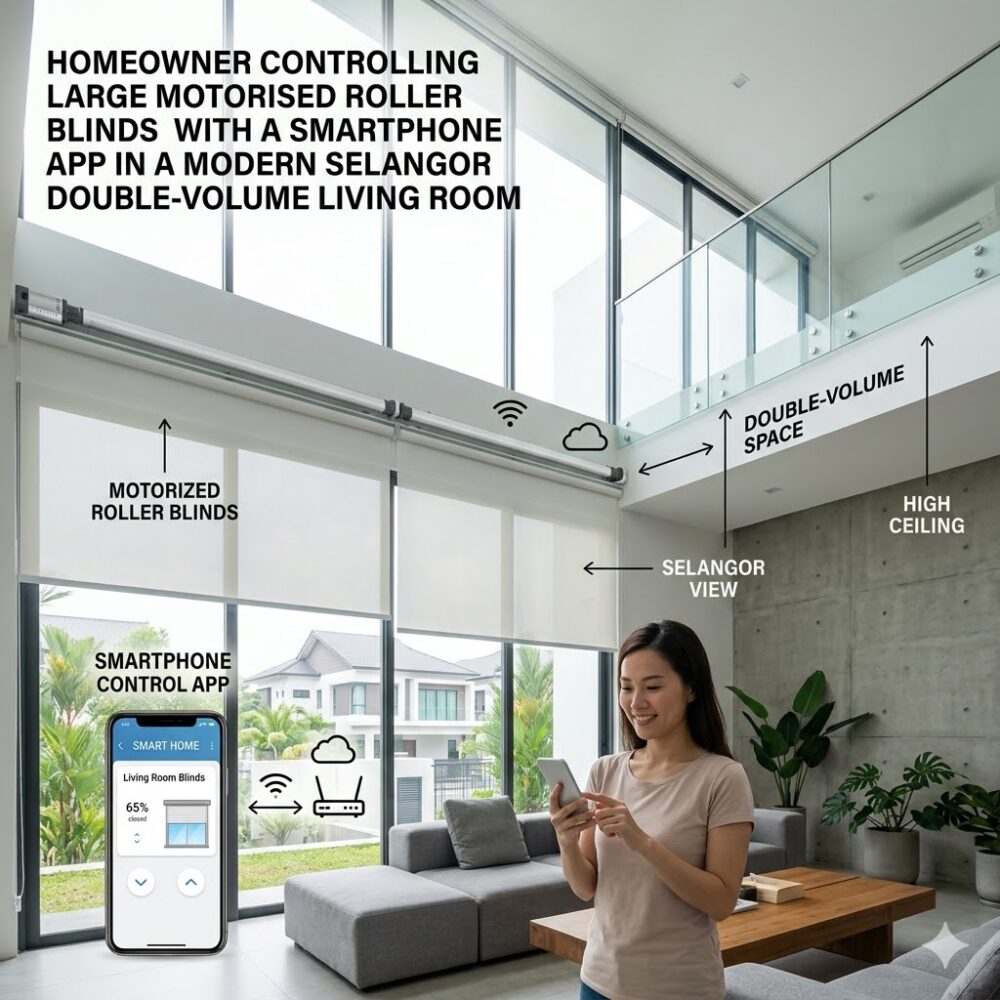 Homeowner controlling large motorised roller blinds with a smartphone app in a modern Selangor double-volume living room.