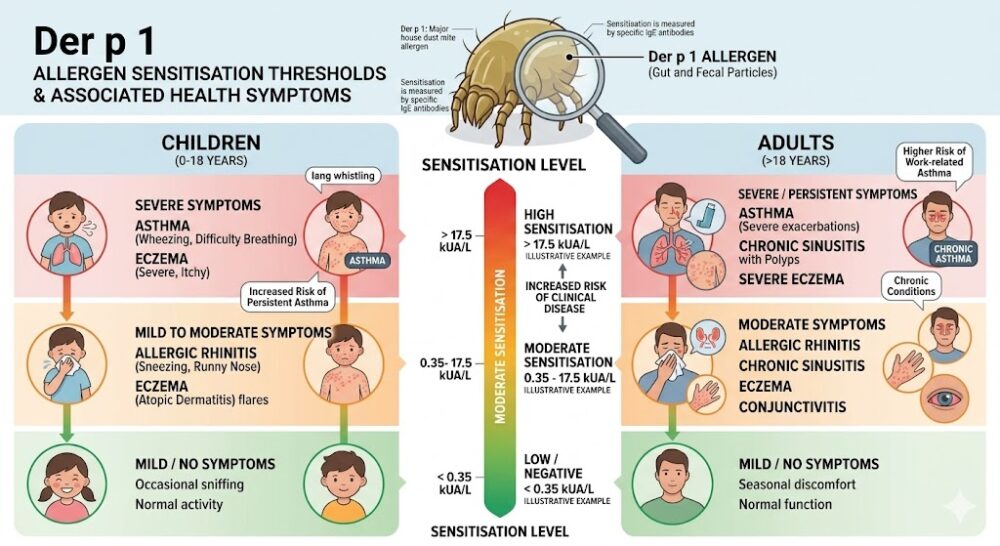 Infographic showing Der p 1 allergen sensitisation thresholds and associated health symptoms in children and adults
