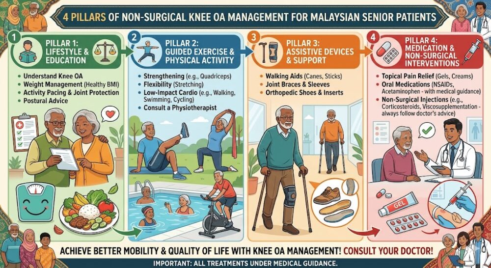 Infographic showing four non-surgical treatment pillars for knee osteoarthritis management for Malaysian senior patients