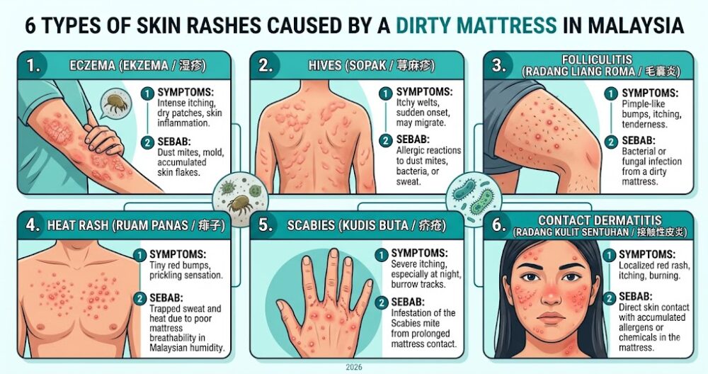 Infographic showing six types of skin rashes caused by a dirty mattress in Malaysia including eczema, hives, and folliculitis