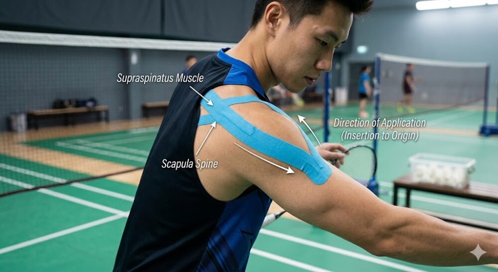 Kinesio taping application for rotator cuff support on a badminton player's shoulder, showing supraspinatus facilitation strip technique