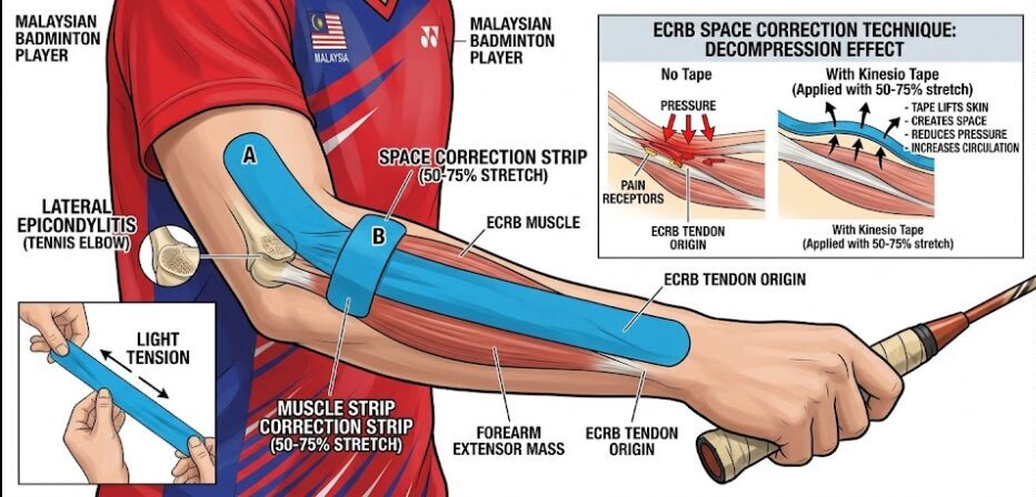 kinesio taping on forearm and elbow for lateral epicondylitis in a malaysian badminton player showing ecrb space correction technique