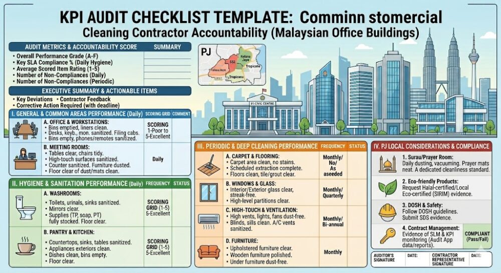 KPI audit checklist template for commercial cleaning contractor accountability in Malaysian office buildings