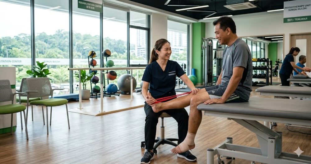 Licensed physiotherapist conducting ankle rehabilitation exercises with a patient at a rehab centre in Sungai Buloh, Selangor