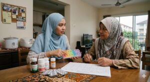 malaysian adult child managing elderly parent medication schedule at home