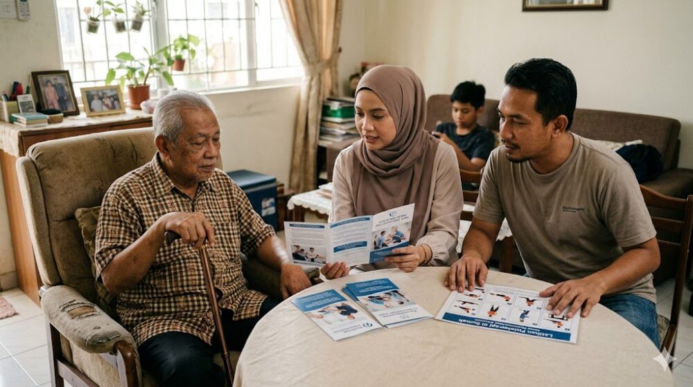 Malaysian family discussing physiotherapy for elderly parent at home