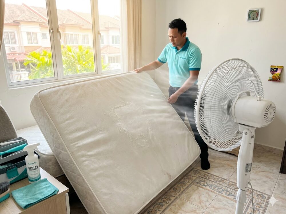 Mattress drying with fan after urine stain removal treatment &mdash; critical step for Malaysian homes with high humidity