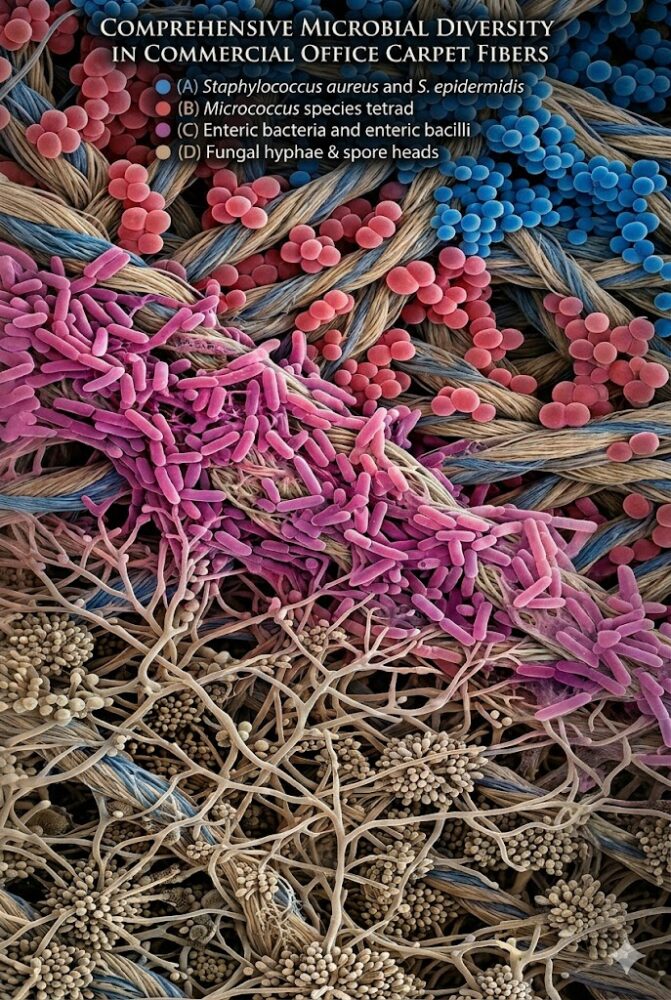 Microscopic view of bacteria colonies found in commercial office carpet fibres in Malaysia
