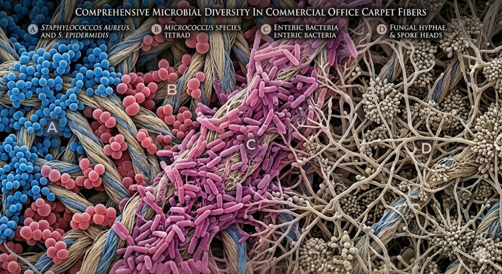 Microscopic view of bacteria colonies found in commercial office carpet fibres in Malaysia