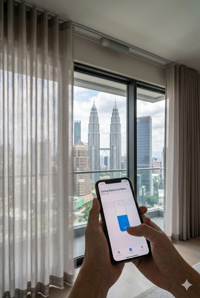 Motorized smart home curtains being controlled via a smartphone app in a Kuala Lumpur apartment.