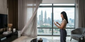 motorized smart home curtains being controlled via a smartphone app in kuala lumpur apartment h