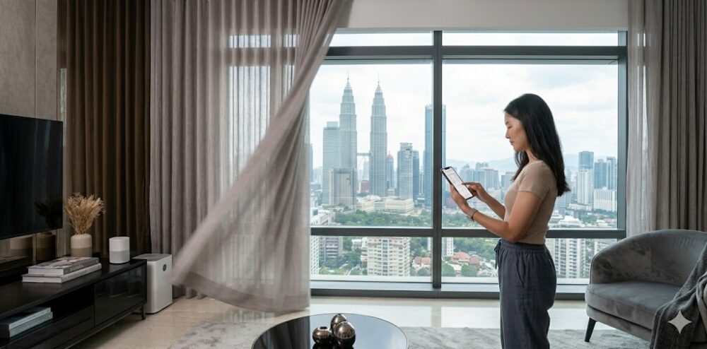 motorized smart home curtains being controlled via a smartphone app in kuala lumpur apartment h