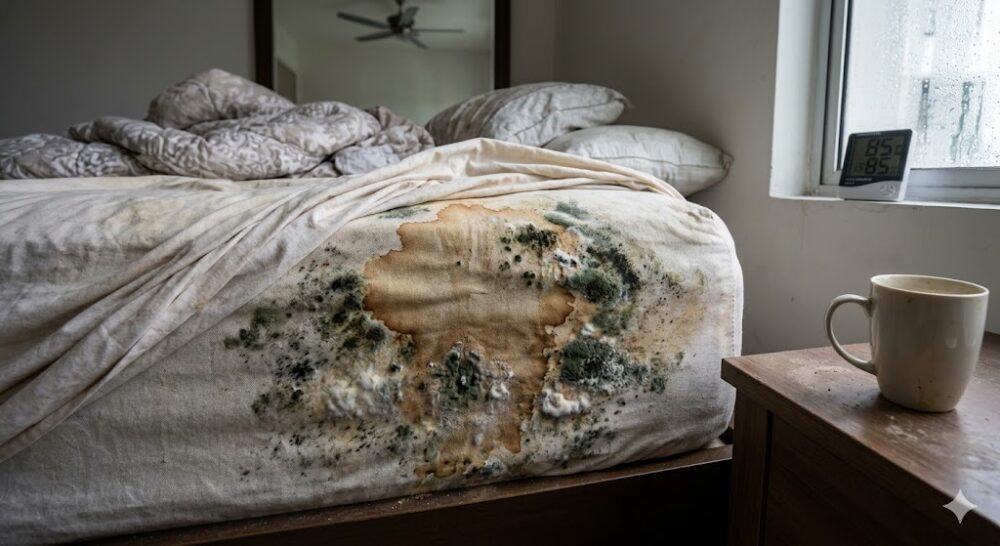 mould growth on mattress from untreated coffee spill Malaysia high humidity