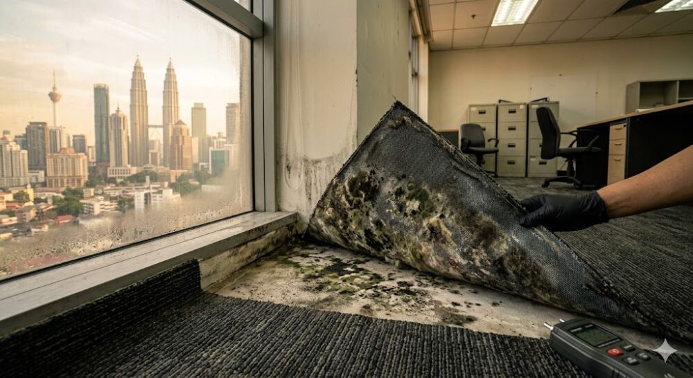 Mould growth visible on commercial carpet backing in a Kuala Lumpur office building — caused by high humidity and poor ventilation