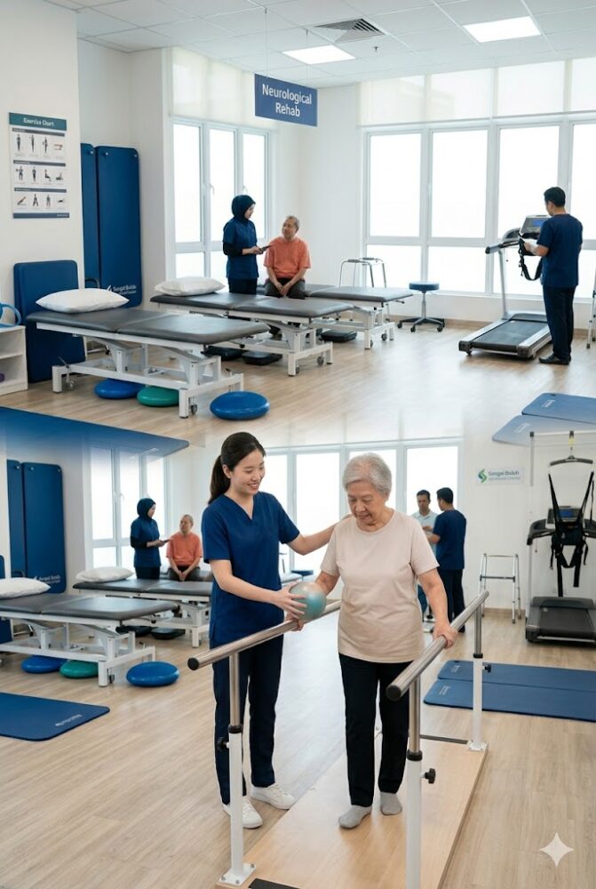 Neurological physiotherapy session for Parkinson's patient at a specialist rehab gym in Sungai Buloh, Selangor