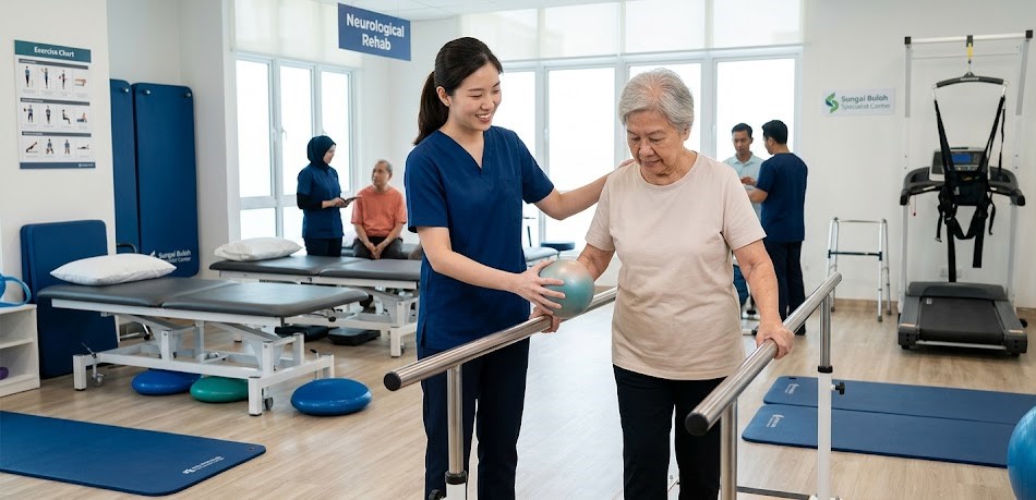 neurological physiotherapy session for parkinson's patient at a specialist rehab gym in sungai buloh