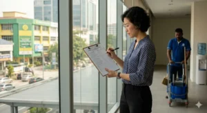 office manager reviewing commercial cleaning company checklist for petaling jaya office building