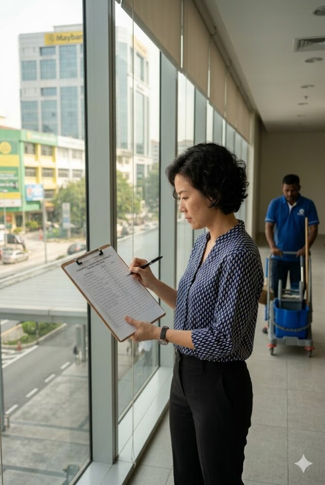 Office manager reviewing commercial cleaning company checklist for Petaling Jaya office building in Malaysia 2026