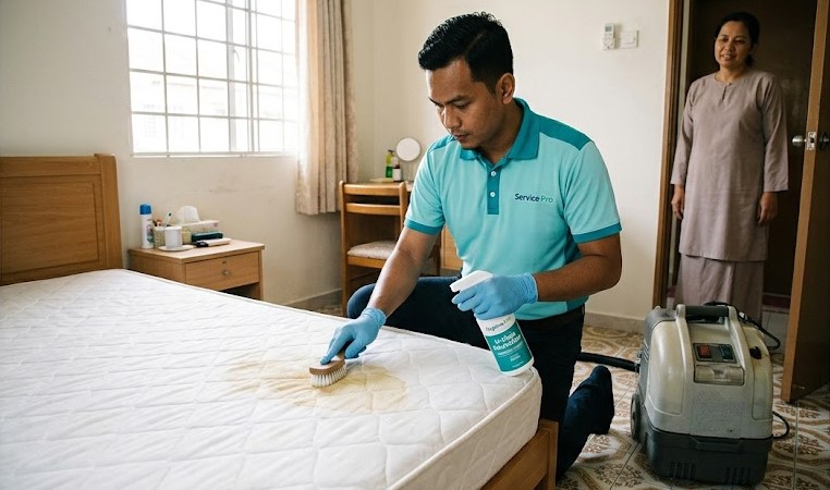 Old dried urine stain on white mattress being cleaned in Malaysian home &mdash; how to remove old urine stains from mattress Malaysia