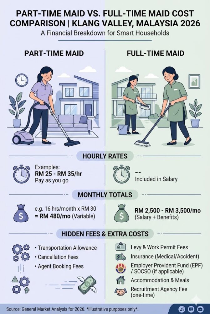 Part time maid vs full time maid cost comparison Klang Valley Malaysia 2026 infographic showing hourly rates, monthly totals, and hidden fees