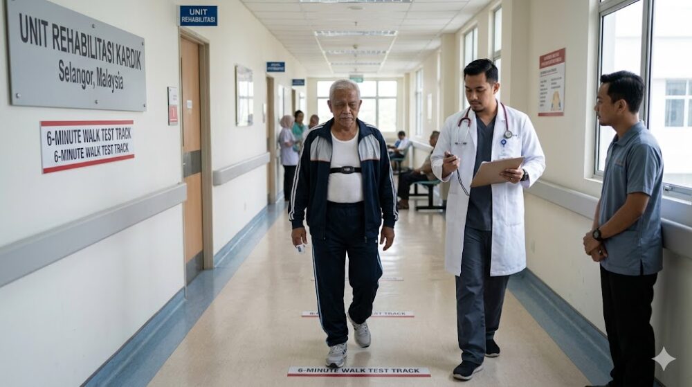 patient undergoing 6-minute walk test monitored by doctor in post-cardiac surgery rehabilitation programme Selangor