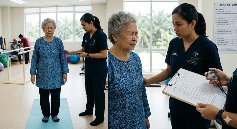 physiotherapist conducting Berg Balance Scale assessment on elderly patient at rehabilitation centre Sungai Buloh Malaysia