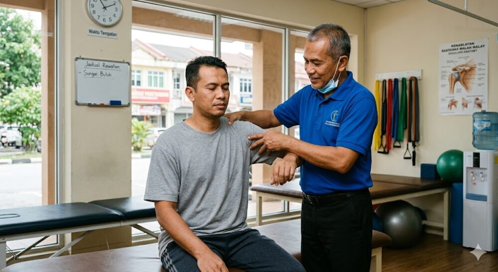 Physiotherapist performing shoulder mobilisation frozen shoulder treatment Sungai Buloh Selangor Malaysia