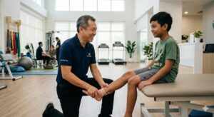 physiotherapist treating ankle sprain patient at a rehabilitation clinic