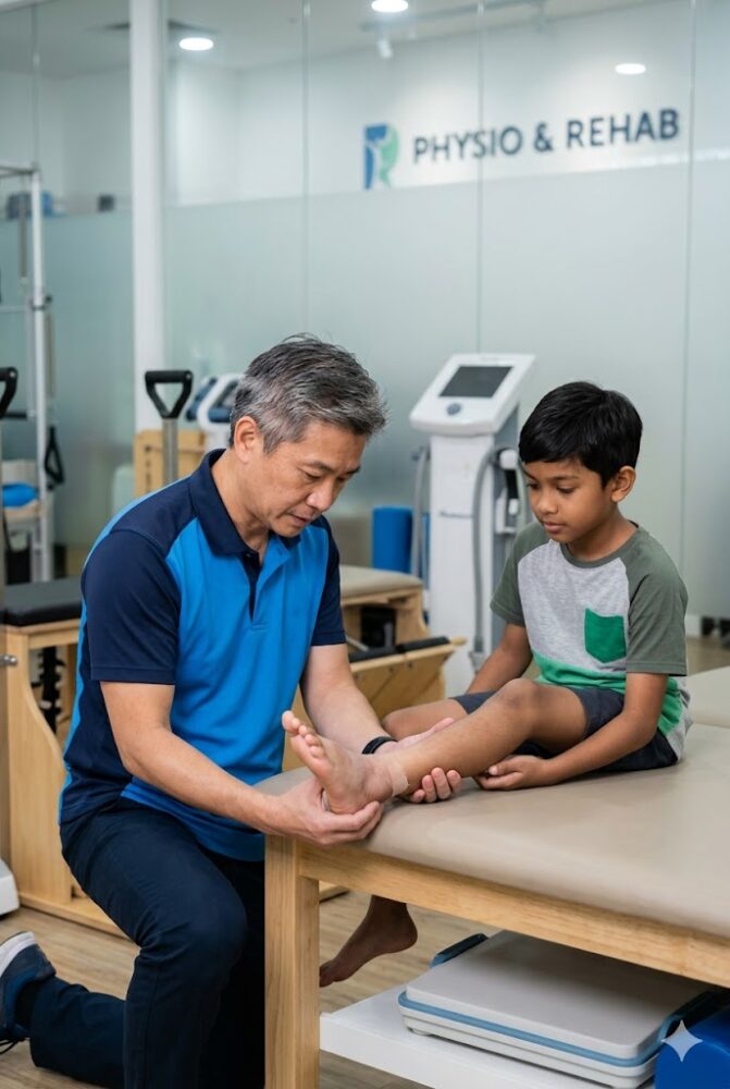 Physiotherapist treating ankle sprain patient at a rehabilitation clinic in Malaysia