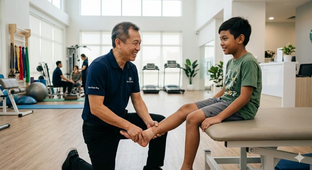 physiotherapist treating ankle sprain patient at a rehabilitation clinic