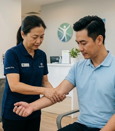physiotherapist treating tennis elbow lateral epicondylitis in Malaysia clinic