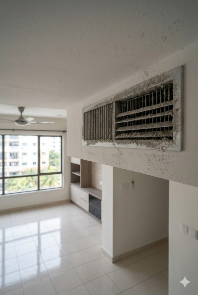 Post-renovation dust covering an air-conditioning vent grille in a Malaysian condo unit