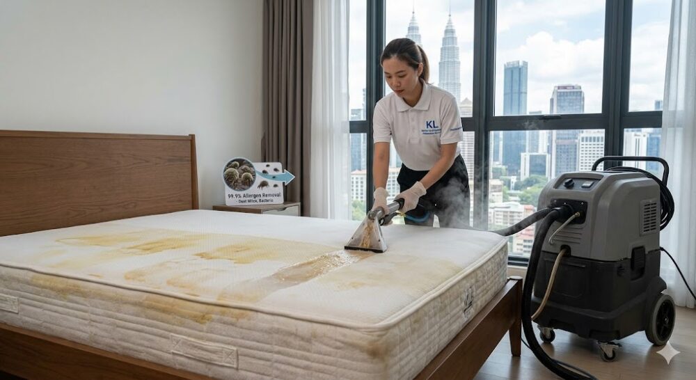 Professional hot water extraction mattress cleaning service in Kuala Lumpur Malaysia removing yellow sweat stains and dust mite allergens