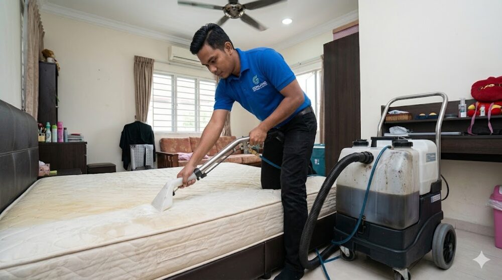 Professional mattress deep cleaning service technician using hot water extraction machine on a mattress in a Malaysian home