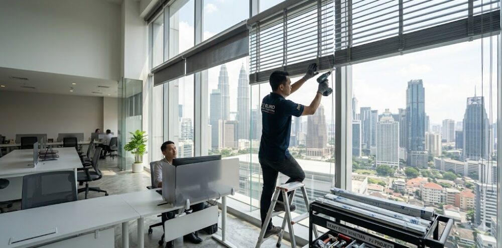Professional technician installing heavy-duty commercial window blinds in a Petaling Jaya office