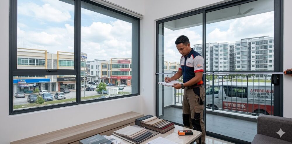 Professional technician taking precise window measurements for affordable custom-made curtains in Puchong.