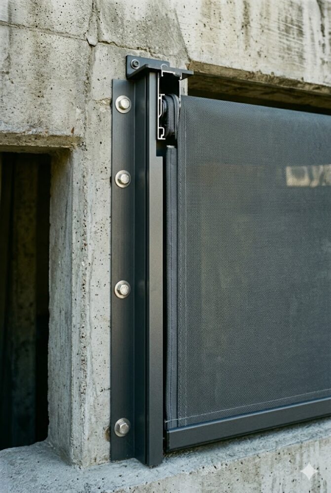 Close-up of a professional zip-system outdoor blind aluminum track installed securely on a concrete balcony beam.