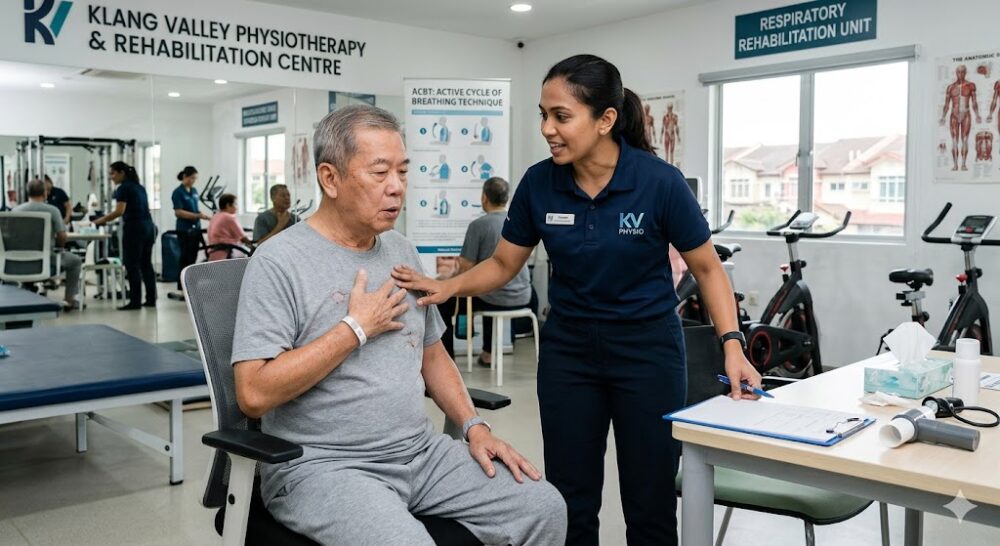 pulmonary rehabilitation physiotherapist demonstrating active cycle of breathing technique to post-lung surgery patient in Klang Valley outpatient clinic