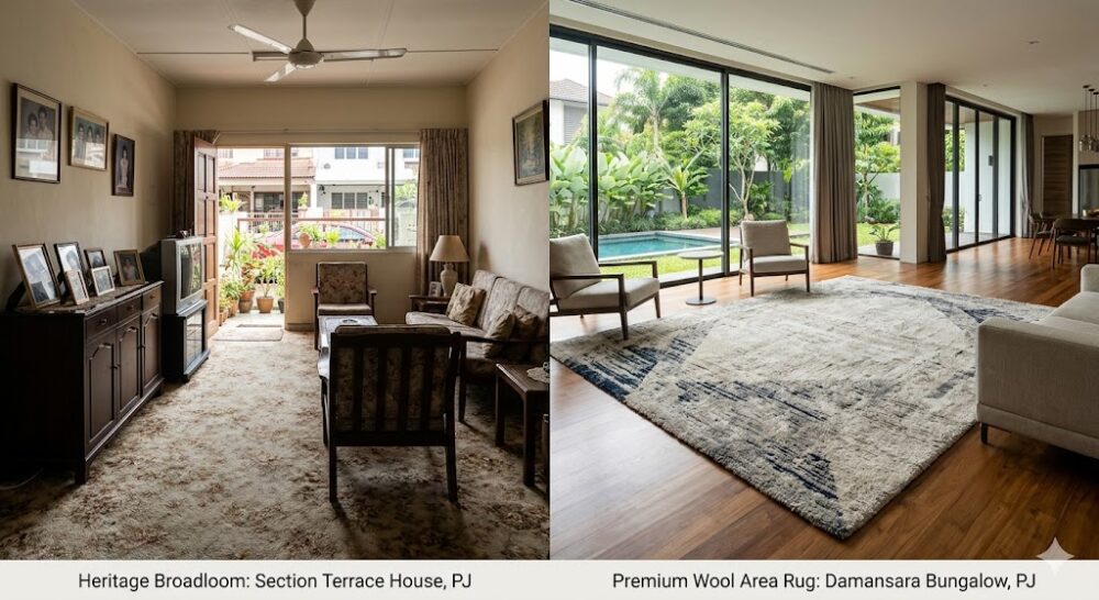Range of carpet types in Petaling Jaya homes from heritage broadloom in Section terraces to premium wool area rugs in Damansara bungalows