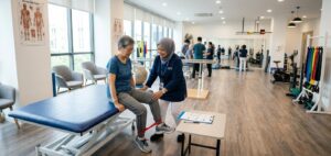 senior malaysian woman performing physiotherapy knee exercises with a therapist in a sungai buloh rehabilitation clinic h