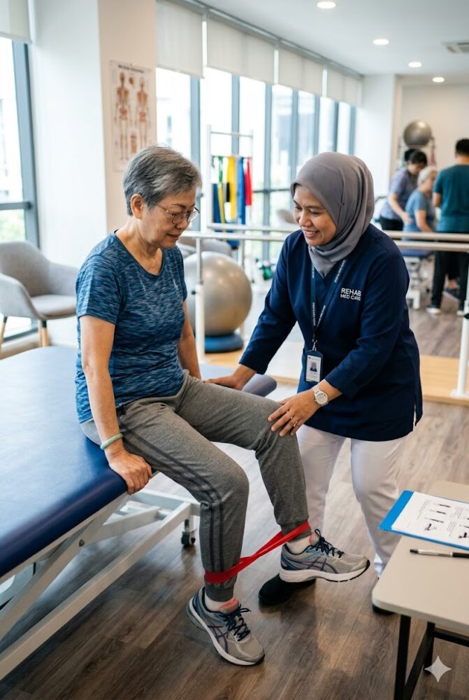 Senior Malaysian woman performing physiotherapy knee exercises with a therapist in a Sungai Buloh rehabilitation clinic