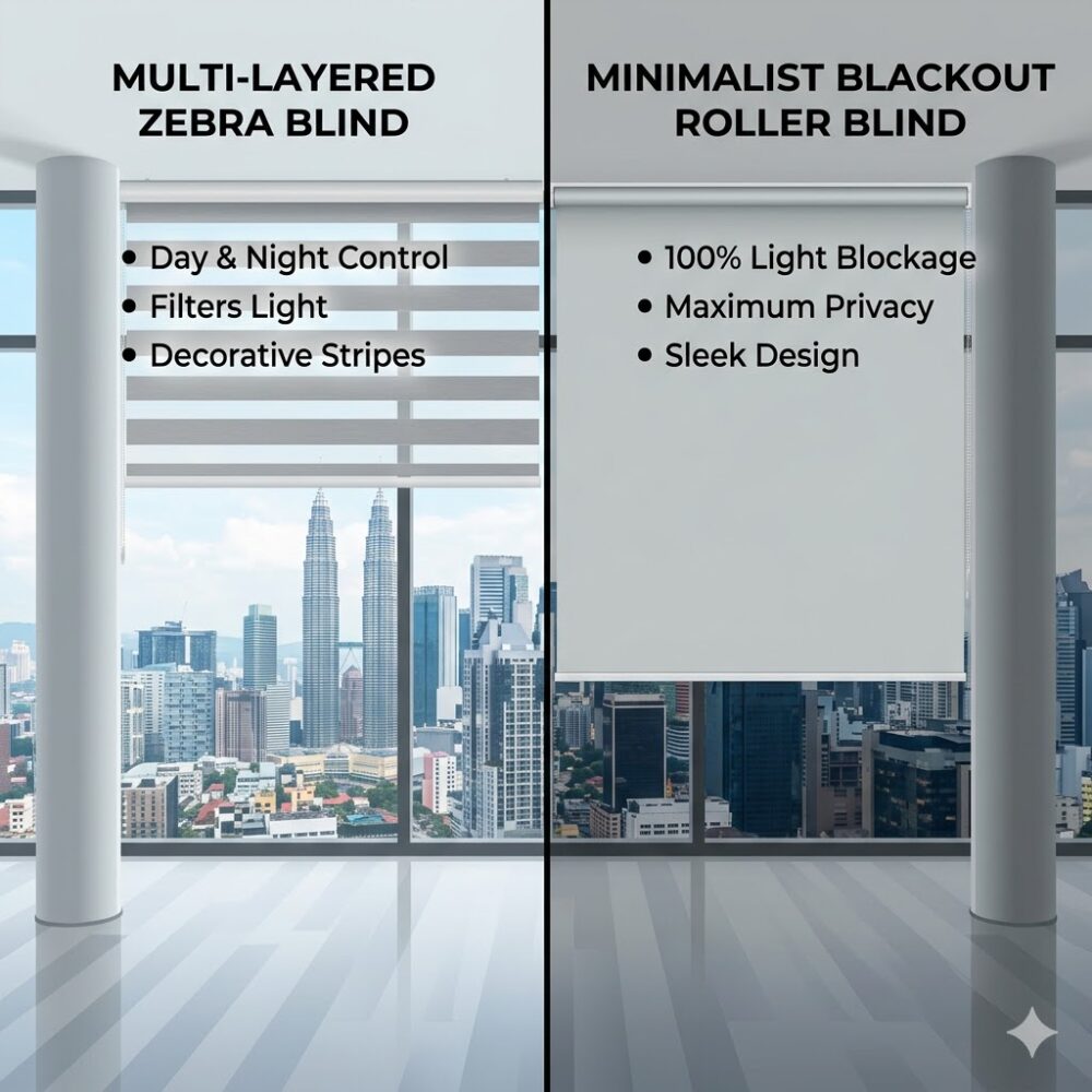 Side-by-side comparison of a multi-layered zebra blind and a minimalist blackout roller blind in a Kuala Lumpur apartment.