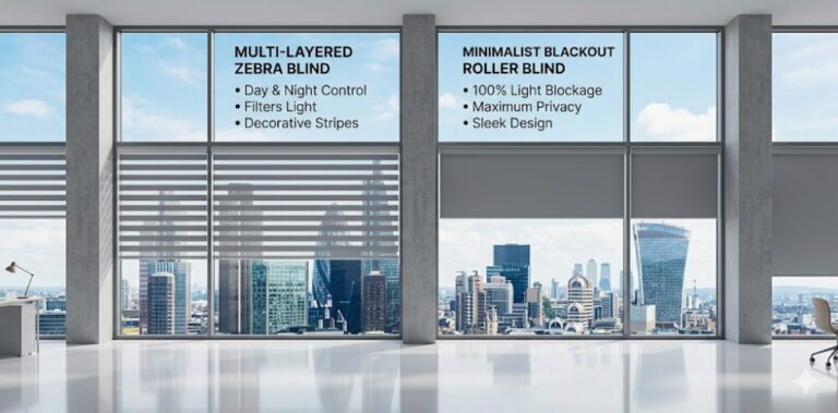 side by side comparison of a multi layered zebra blind and a blackout roller blind in kuala lumpur office h