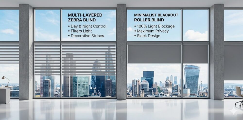 side by side comparison of a multi layered zebra blind and a blackout roller blind in kuala lumpur office h