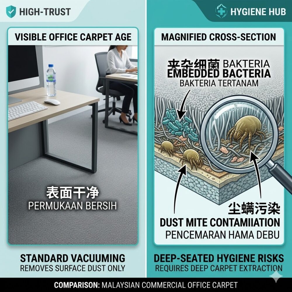 Side-by-side comparison of clean-looking office carpet surface vs. cross-section showing embedded bacteria and dust mite contamination underneath — Malaysian commercial office