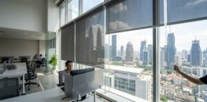 sleek commercial roller blinds installed in a modern corporate office in kuala lumpur to reduce screen glare h